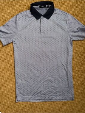 Theory Men's White and Black Micro-Striped Polo with Black Collar